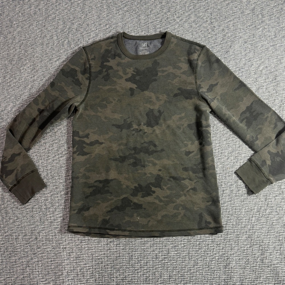 George Mens Waffle Knit Thermal Long Sleeve Shirt Green Camo Size Small S